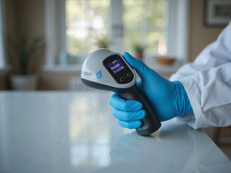 ATP testing equipment verifying surface cleanliness after biohazard remediation