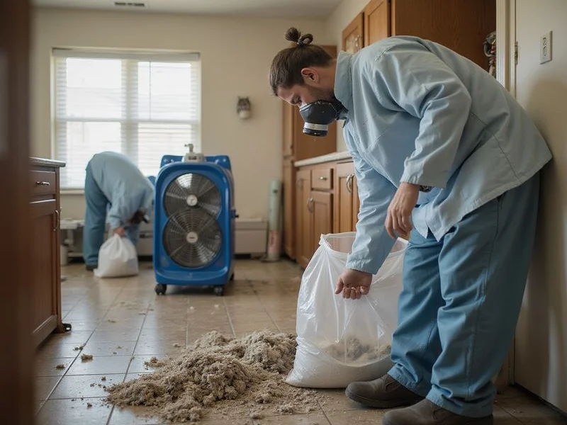 Technician in full PPE handling items during pet hoarding remediation